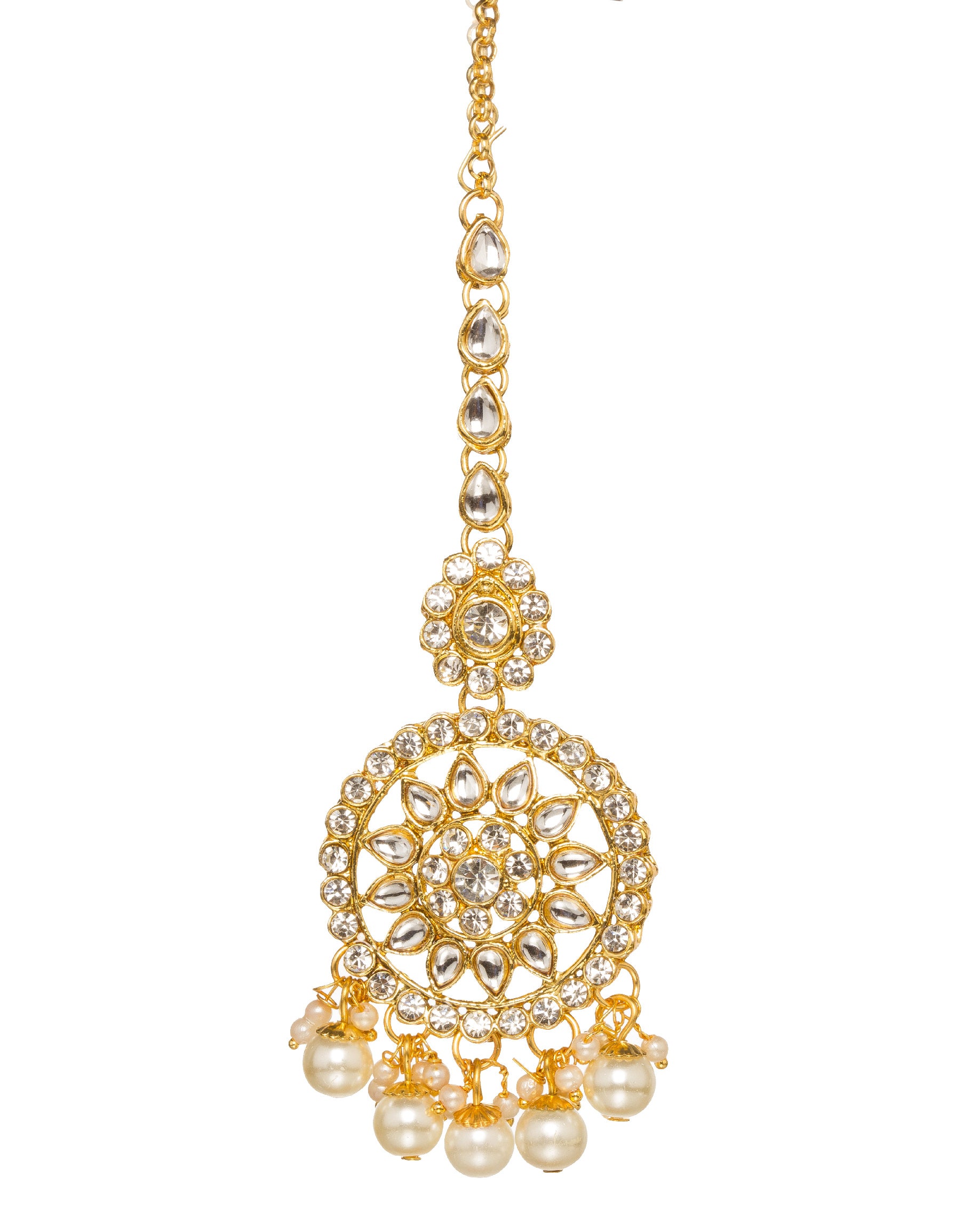 Bindhani Gold-plated round kundan maang tikka with pearl drops