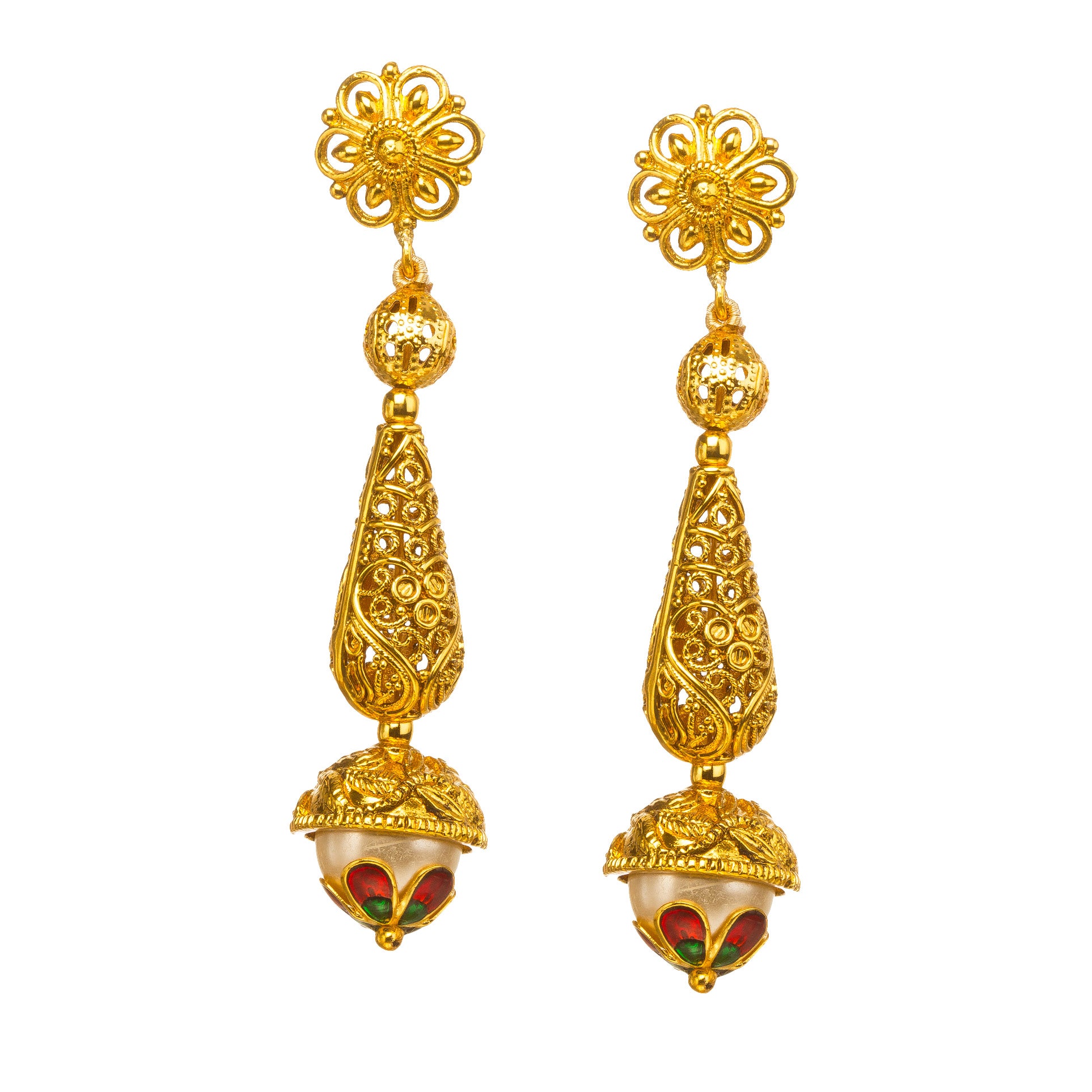 Bindhani Gold-plated stud flower shaped with meenakari work details showing matching earrings, white background
