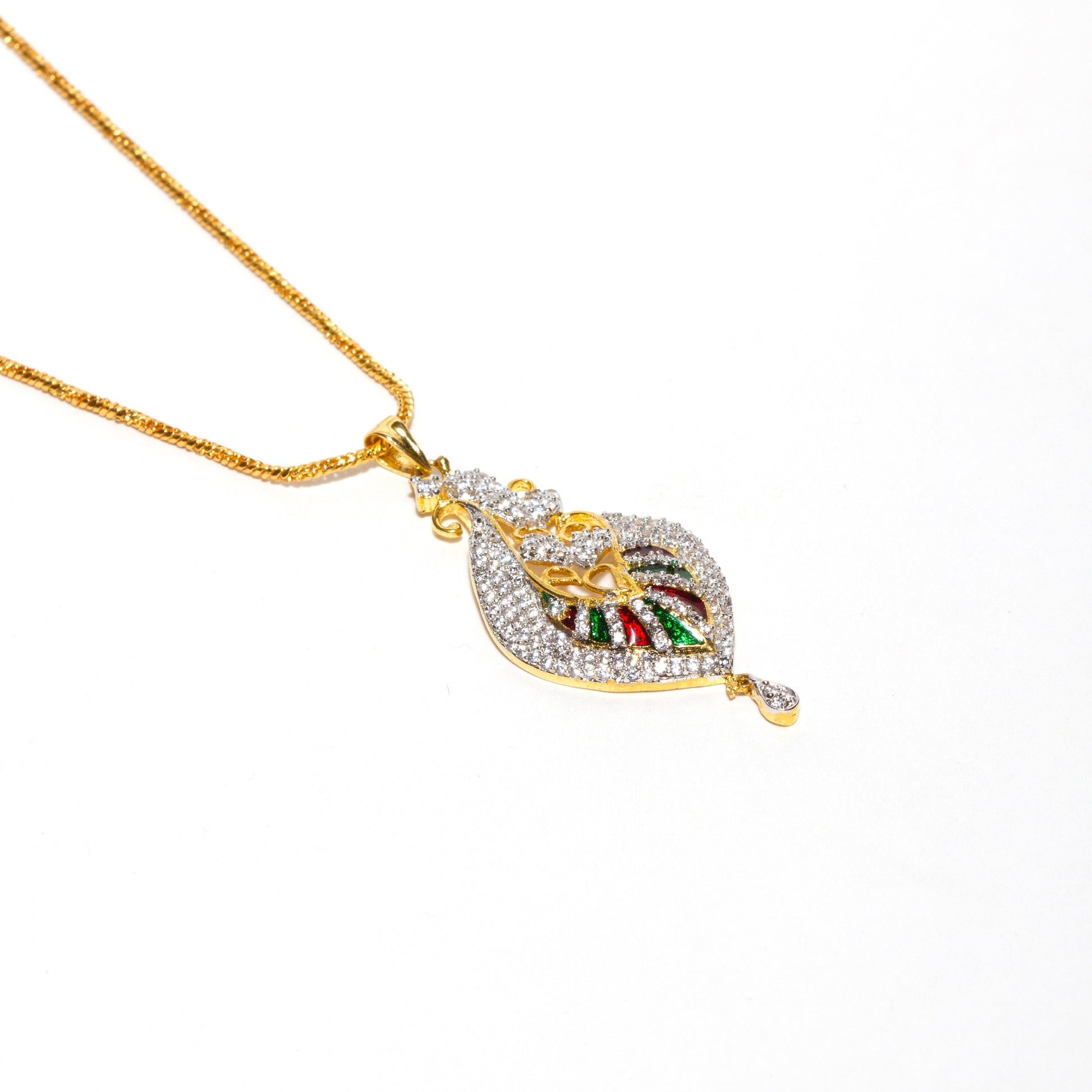 Bindhani gold-plated pendant with chain, featuring American diamond stones, green red enamel floral accents, and teardrop pendants.