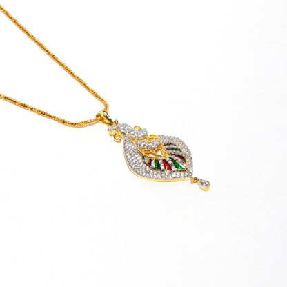 Bindhani gold-plated pendant with chain, featuring American diamond stones, green red enamel floral accents, and teardrop pendants.