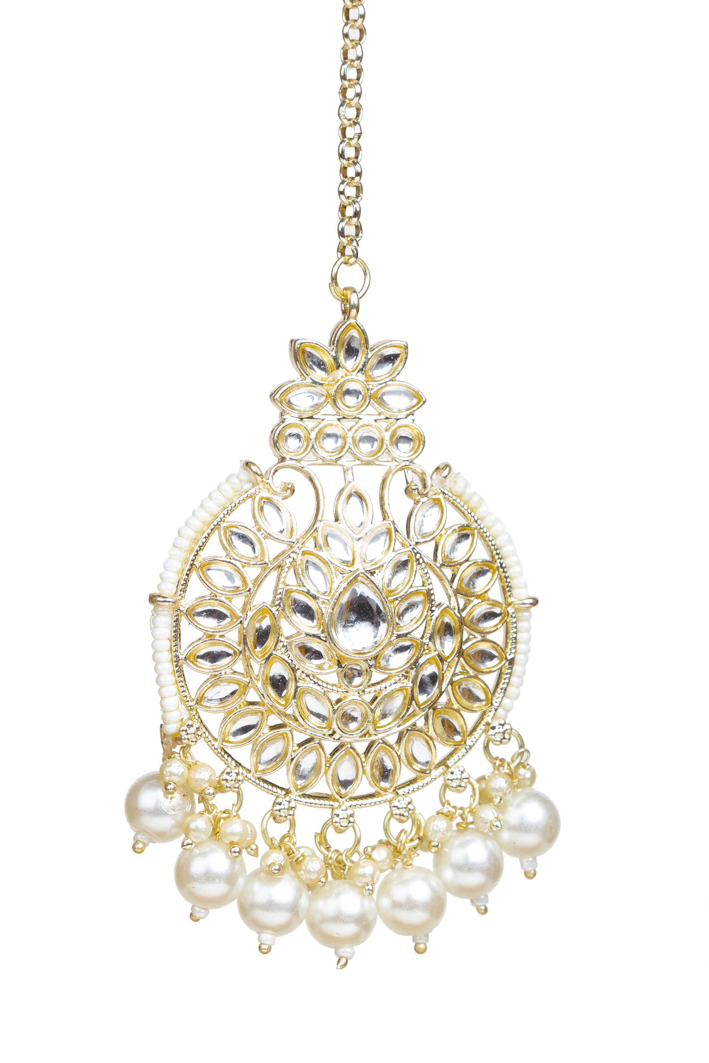 Bindhani Kundan white pearl drop mang tikka with gold-plated  featuring intricate Kundan work and a dangling pearl.