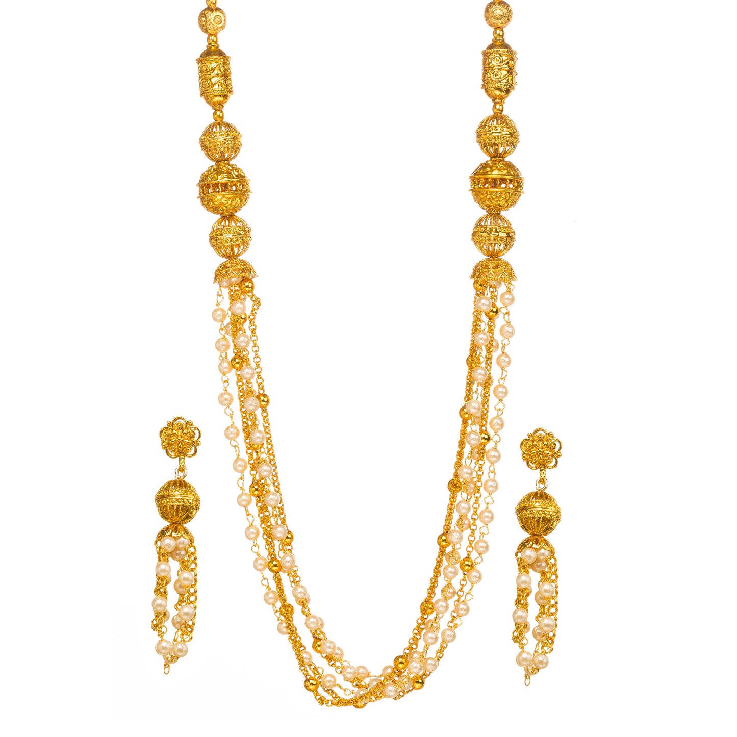 Bindhani Long gold-plated layered necklace with textured gold beads and pearl strands, paired with matching tasseled earrings, white background