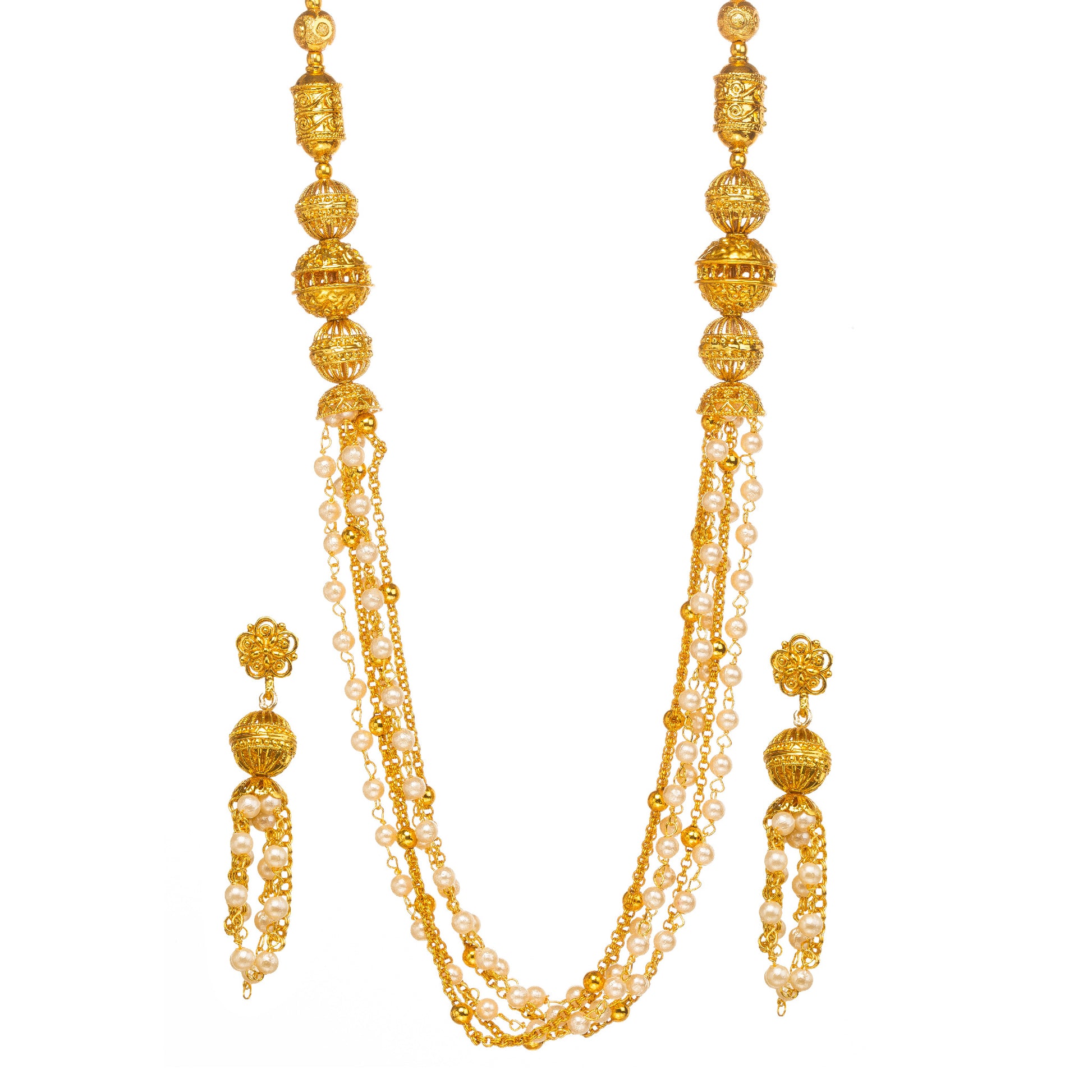 Bindhani Long gold-plated layered necklace with textured gold beads and pearl strands, paired with matching tasseled earrings, white background