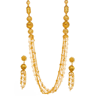 Bindhani Long gold-plated layered necklace with textured gold beads and pearl strands, paired with matching tasseled earrings, white background