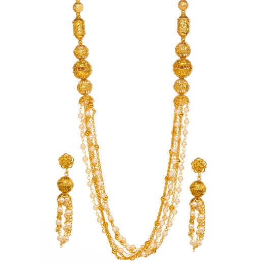 Bindhani Long gold-plated layered necklace with textured gold beads and pearl strands, paired with matching tasseled earrings, white background