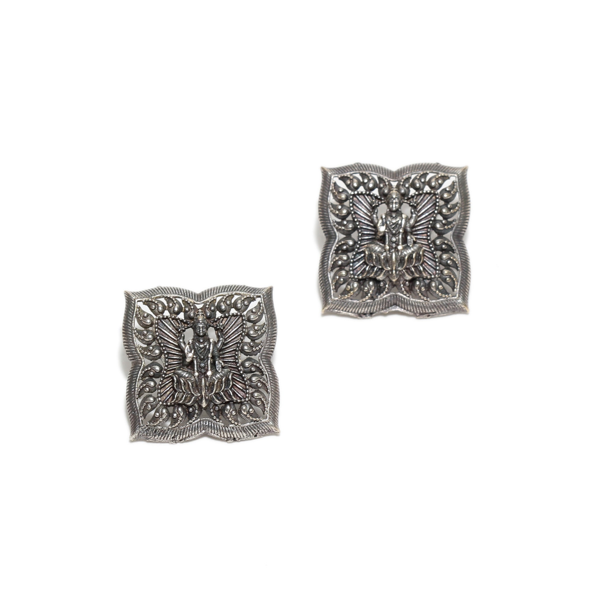 Bindhani Oxidized Lakshmi stud earrings with intricate traditional design, handcrafted, available at Bindhani Shopify store.