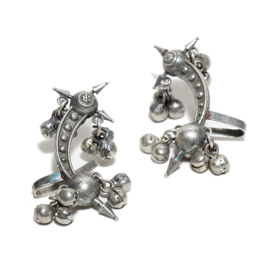 Bindhani Silver plated ghungroo ear cuffs with dangling bells, traditional ethnic jewelry for women