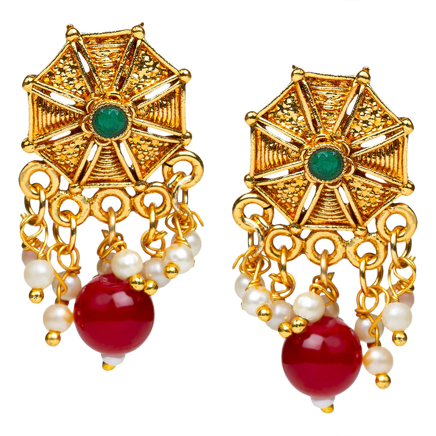 Bindhani South Indian style – traditional ethnic earrings close up for women,Showing red and green polki pearl dangler .