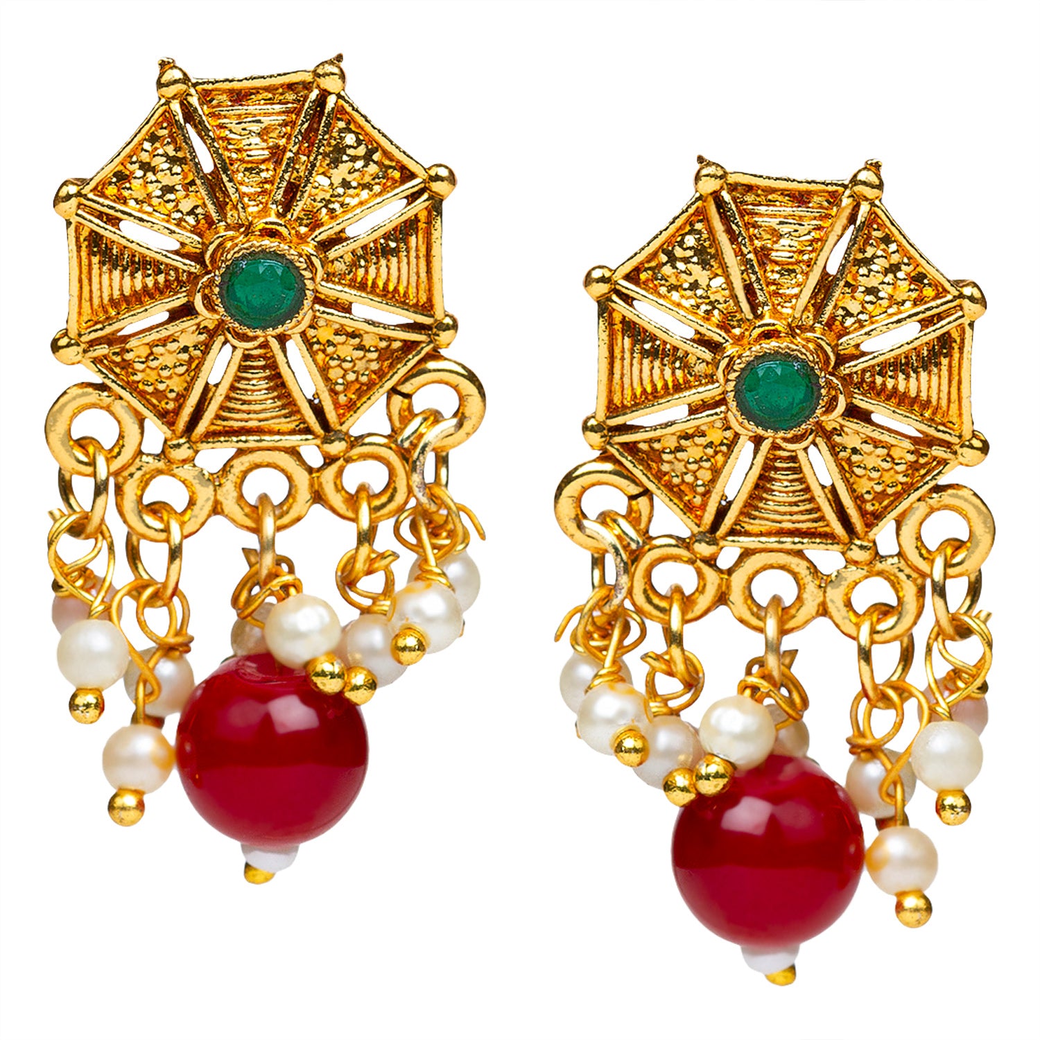 Bindhani South Indian style – traditional ethnic earrings close up for women,Showing red and green polki pearl dangler .