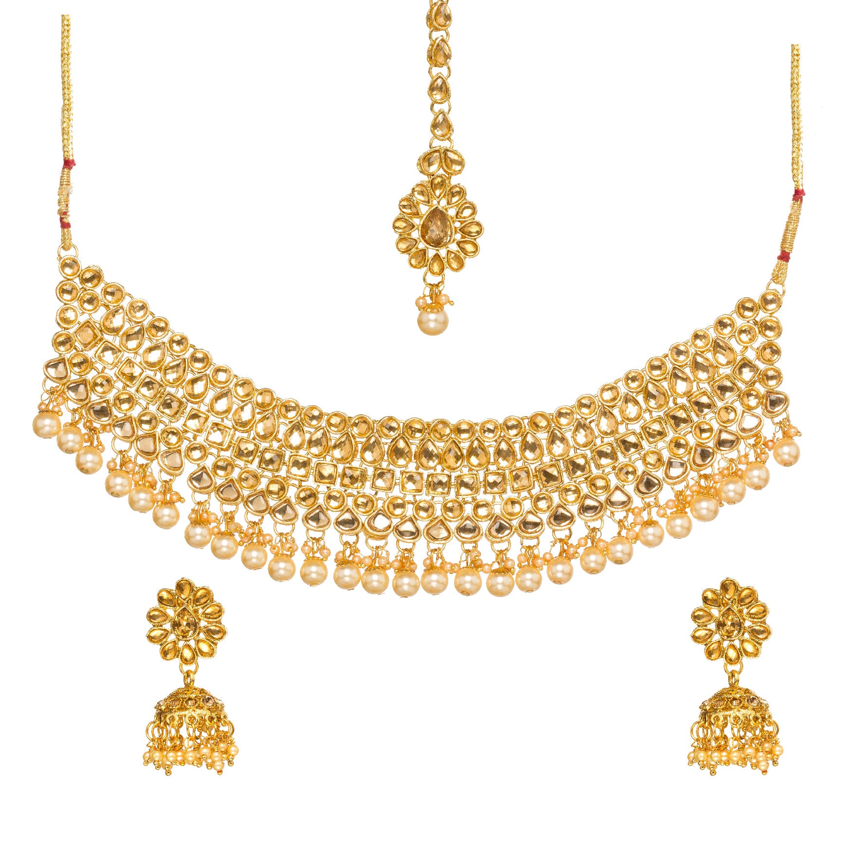 Bindhani gold-plated Kundan stone choker necklace set for women featuring white Kundan stones, layered traditional bridal design, white pearl drop accents, matching jhumka earrings, and a floral maang tikka on a white background