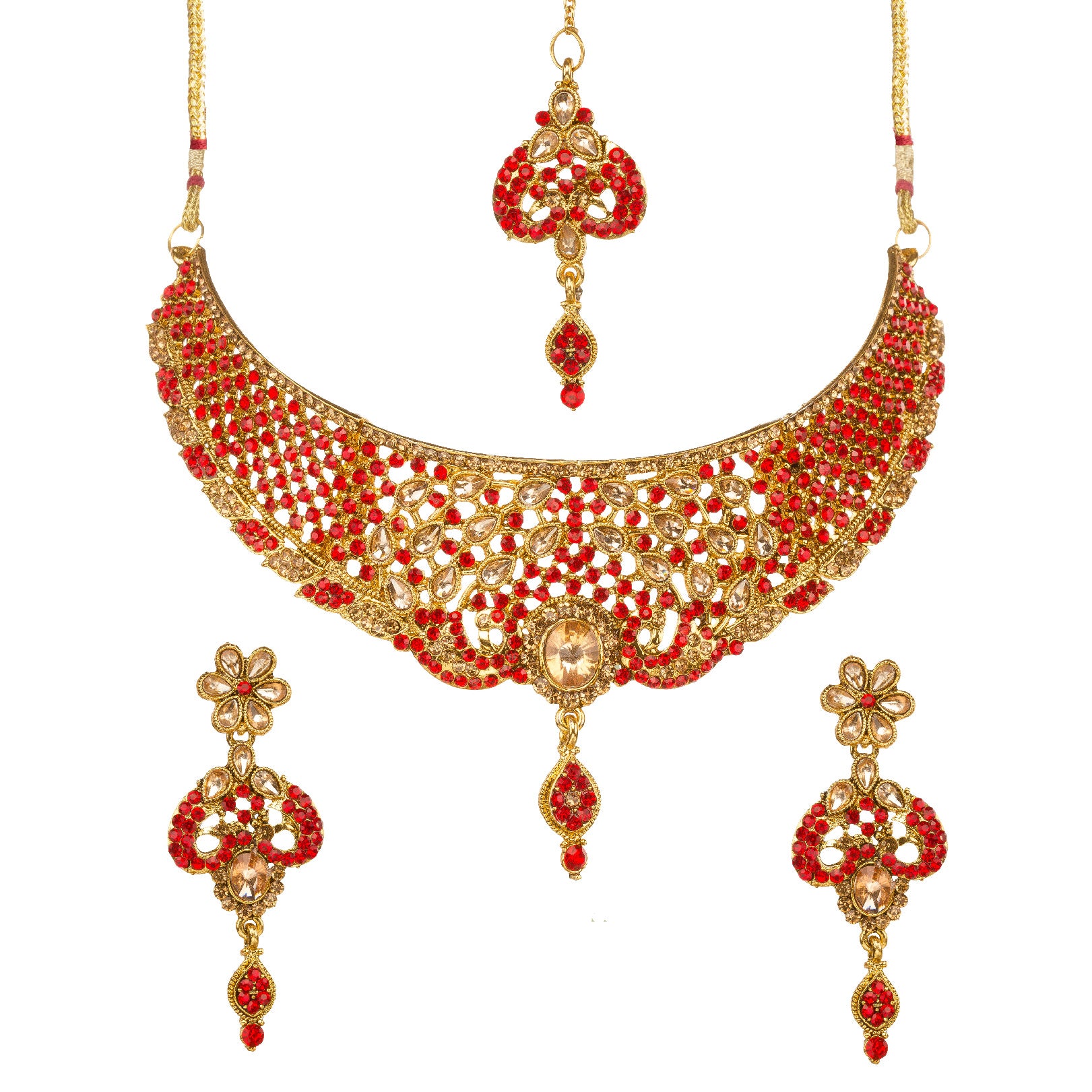 Bindhani gold-plated bridal choker necklace set for women featuring red stone, white Kundan stones, intricate floral detailing, a statement necklace, matching earrings, and a coordinating maang tikka on a white background