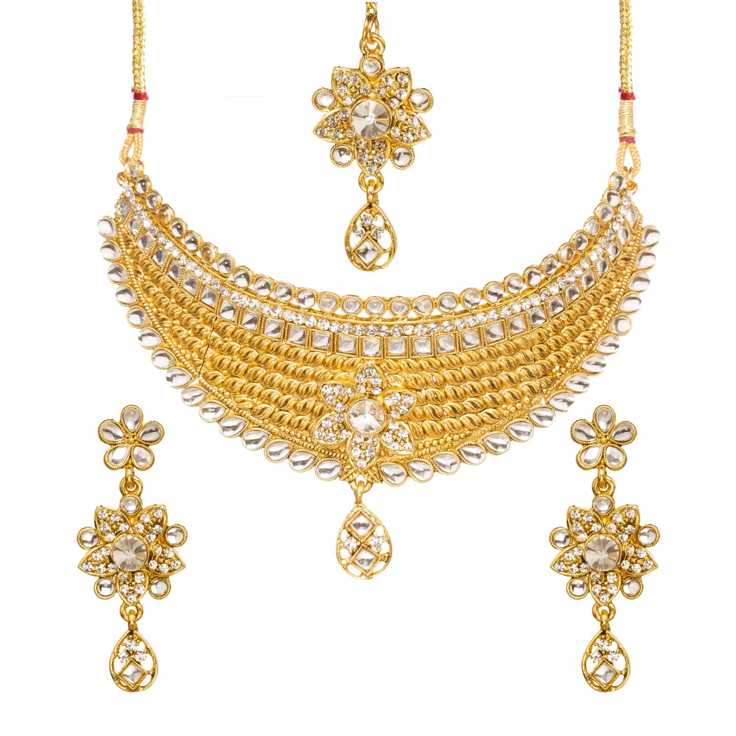 Bindhani gold-plated bridal necklace set featuring an intricate choker design with layered twisted gold detailing, white stone accents, floral motifs, and a central teardrop pendant. The set includes matching floral drop earrings and a coordinating maang tikka adorned with white stones and hanging teardrop charms. Traditional wedding jewelry displayed on a white background
