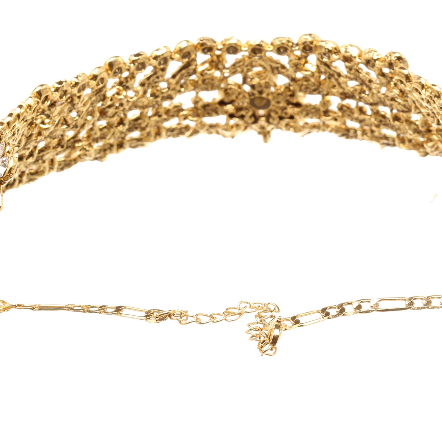 Back view of Bindhani gold-plated choker necklace showcasing the smooth gold-plated rear finish, intricate openwork construction, adjustable hook-and-chain closure, and secure craftsmanship. Displayed on a white background.