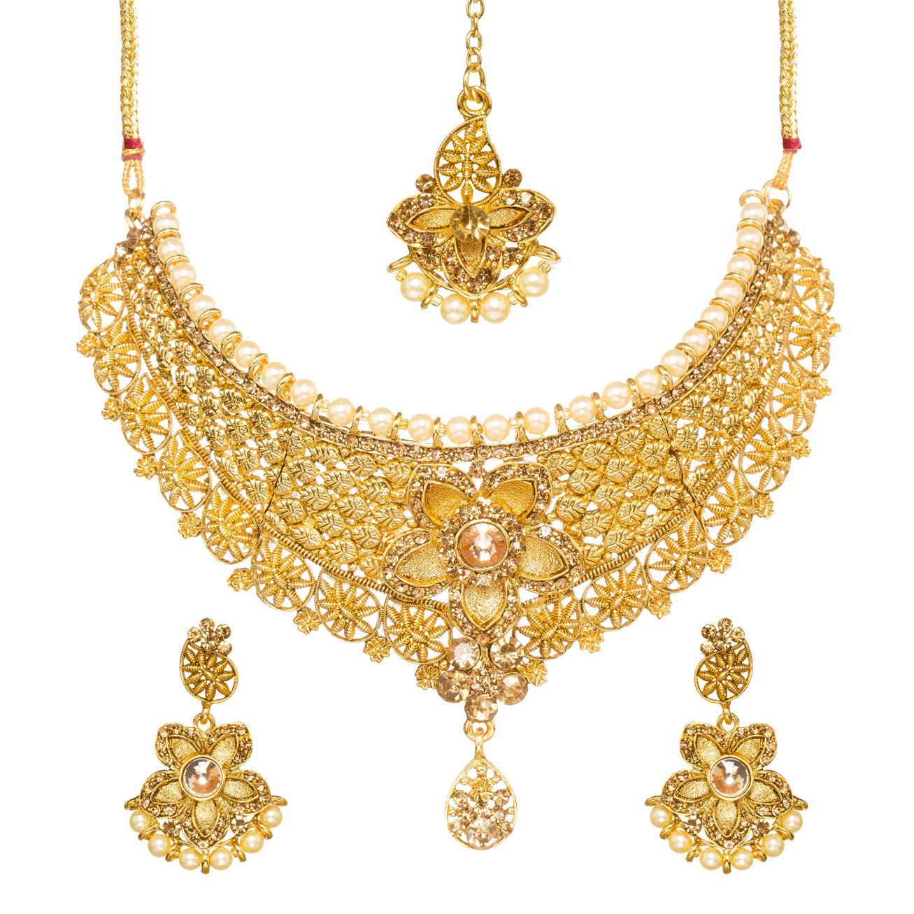 Front view of Bindhani gold-plated choker necklace featuring intricate filigree lattice detailing, a pearl border, a central floral motif with a champagne stone, geometric patterns, and a teardrop crystal pendant. Displayed on a white background.
