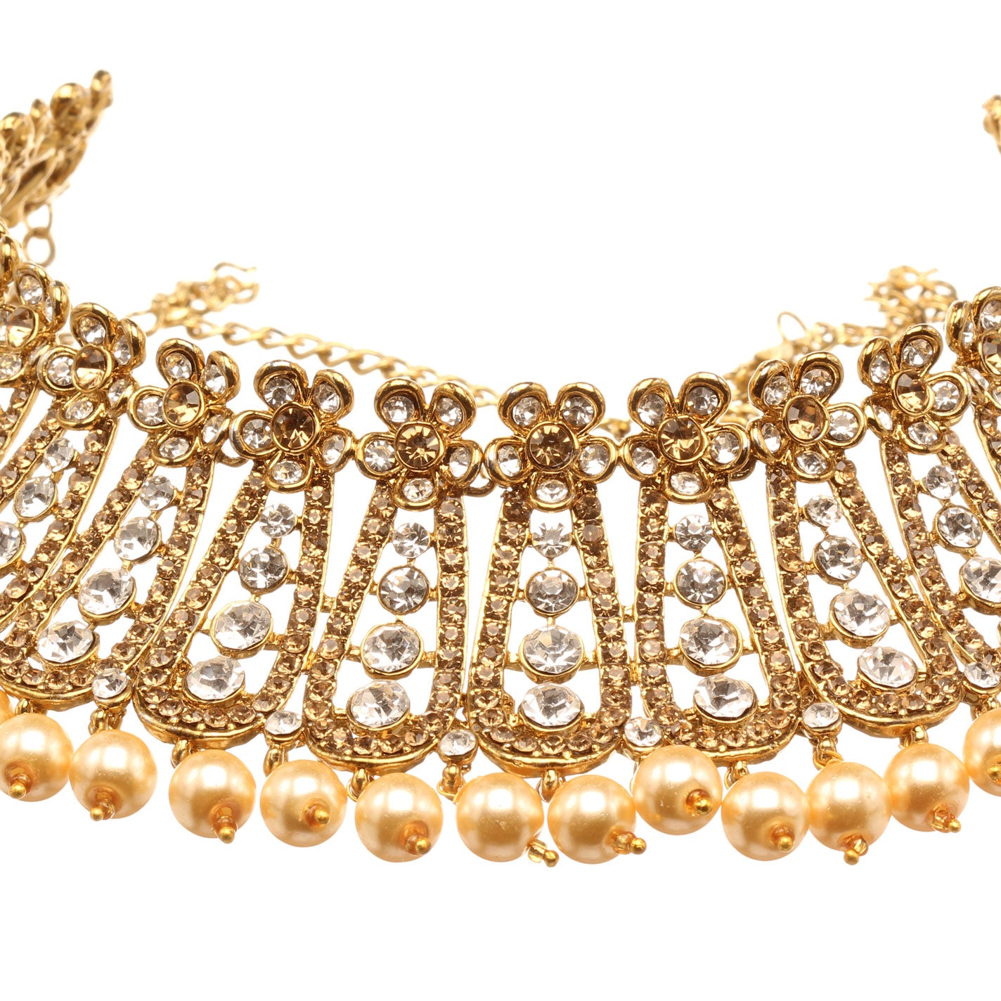 Front view of Bindhani gold-plated choker necklace featuring golden and white stones, fan-shaped motifs, floral accents, intricate openwork detailing, and pearl bead drops along the lower edge. Displayed on a white background.