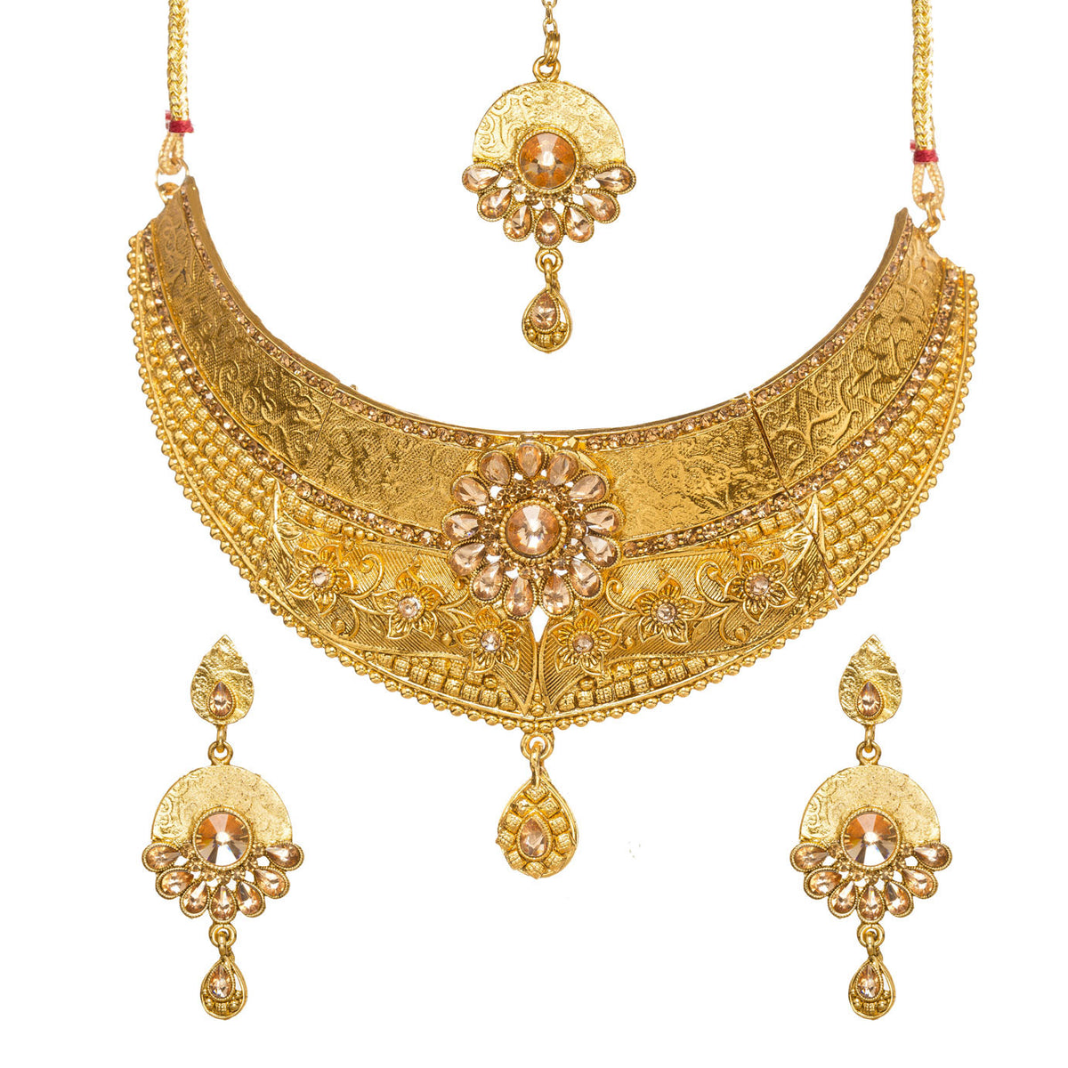 Bindhani gold-plated choker necklace set featuring engraved floral patterns, a central champagne-LCT stone flower motif, crystal accents, intricate textured detailing, and a teardrop pendant. The set includes matching drop earrings and a coordinating maang tikka with champagne-colored stones, displayed on a white background.