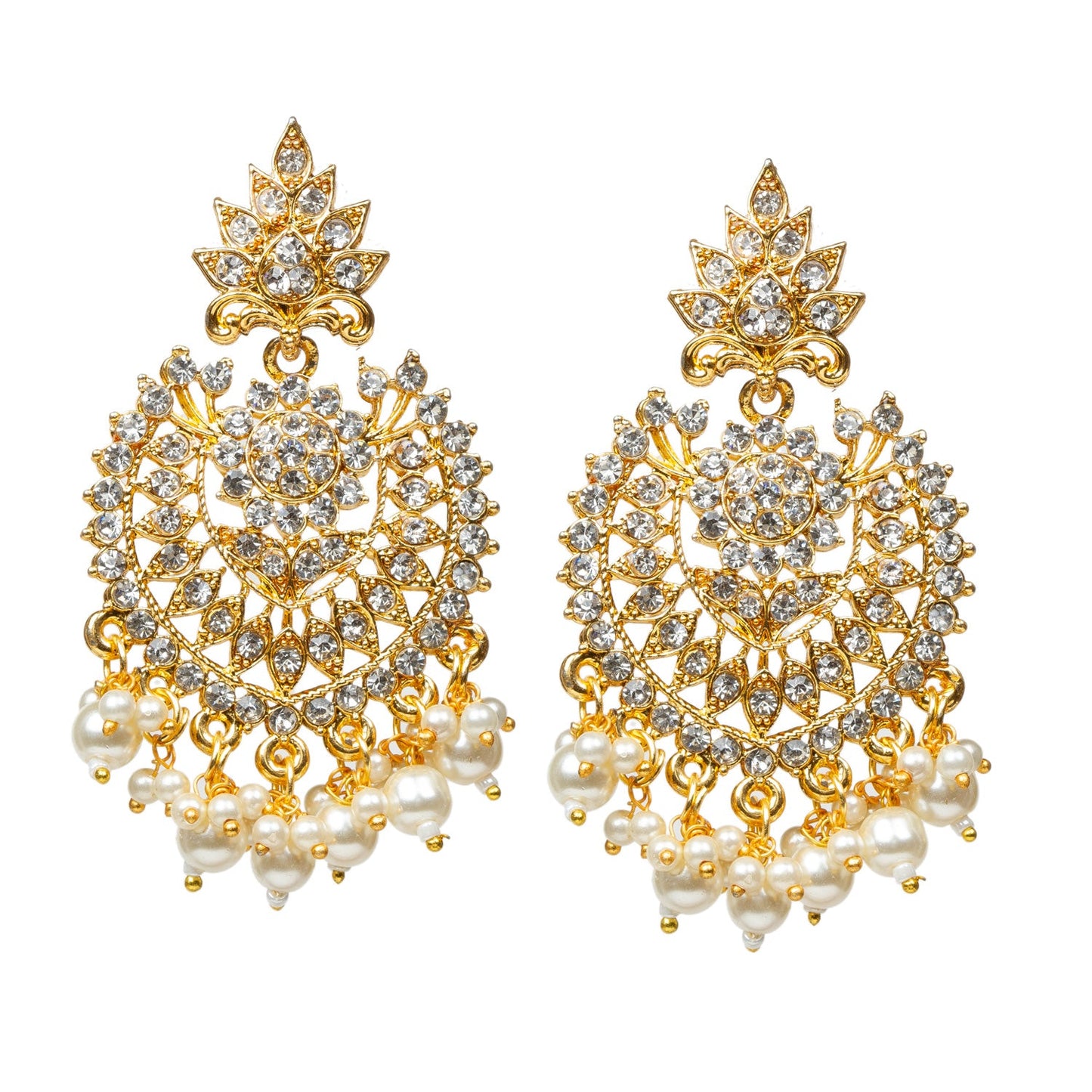 Bindhani gold-plated traditional Indian earrings with intricate design, adorned with sparkling white stones and dangling earrings white pearls drops