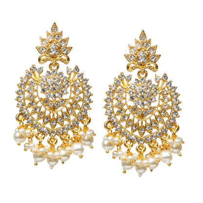 Bindhani gold-plated traditional Indian earrings with intricate design, adorned with sparkling white stones and dangling earrings white pearls drops