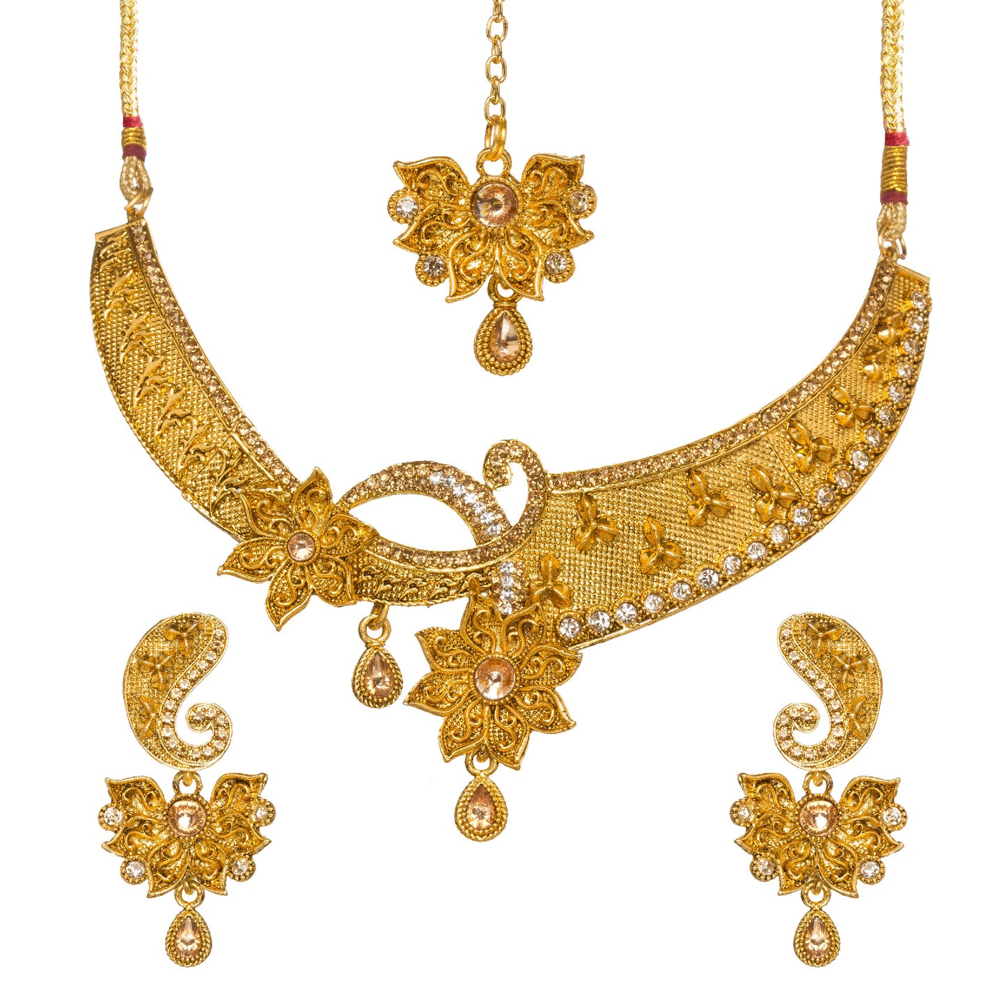 Bindhani gold-plated floral choker necklace set featuring intricate filigree detailing, crystal accents, and floral motifs with teardrop danglers. The set includes matching floral drop earrings with paisley-shaped tops and a coordinating maang tikka, displayed on a white background.