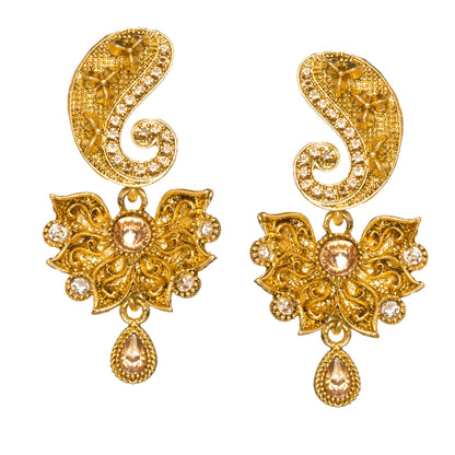 Bindhani gold-plated floral drop earrings featuring paisley-shaped tops, intricate filigree detailing, sparkling crystal accents, floral motifs, and teardrop crystal danglers. Displayed on a white background.