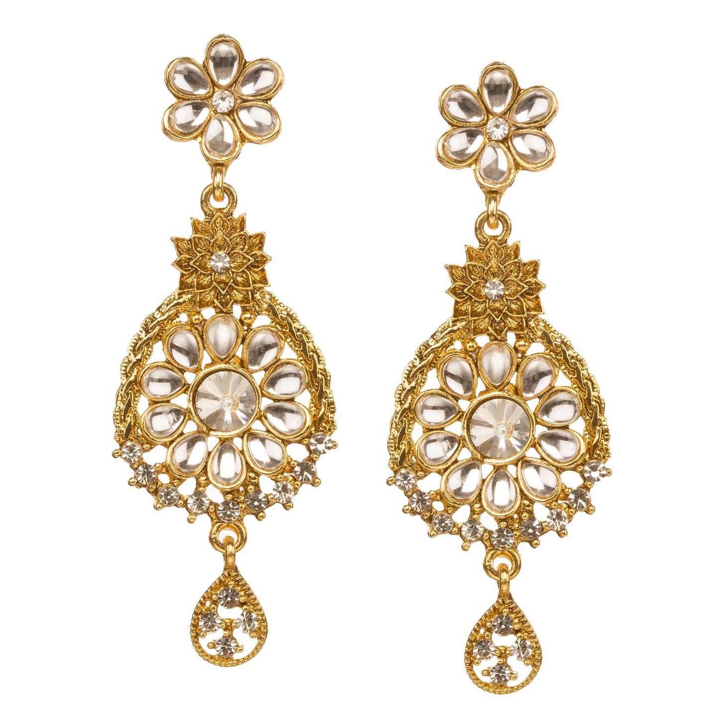 Bindhani gold-plated floral drop earrings featuring white Kundan stones, flower-shaped motifs, intricate filigree detailing, crystal accents, and a teardrop-shaped dangling charm. Displayed on a white background.