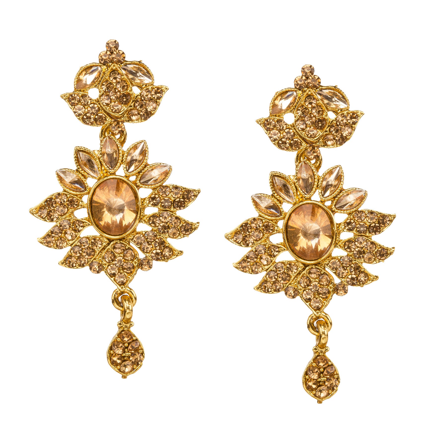 Bindhani gold-plated floral earrings for women featuring intricate filigree design, sparkling stone embellishments, oval center stone, detailed flower motifs, and elegant hanging gold drop accent on a white background