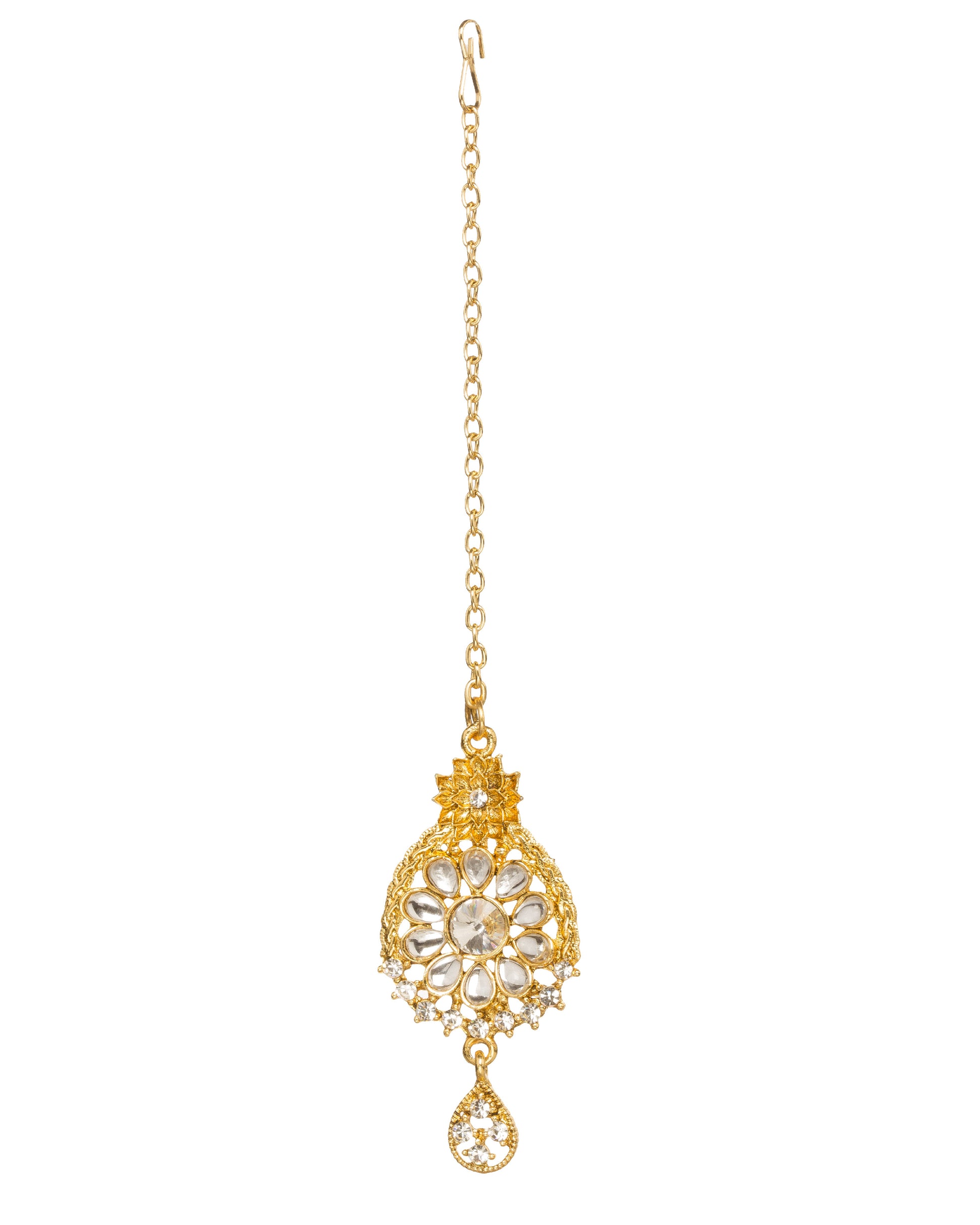 Bindhani gold-plated floral maang tikka featuring white Kundan stones, flower-shaped motifs, intricate filigree detailing, crystal accents, and a teardrop-shaped dangling charm. Displayed on a white background.