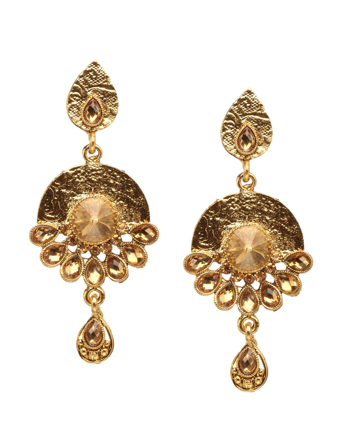 Bindhani gold-plated drop earrings featuring a round champagne-LCT center stone, fan-shaped design with petal-like crystal accents, a teardrop-shaped top stone, and a dangling teardrop charm. Displayed on a white background.