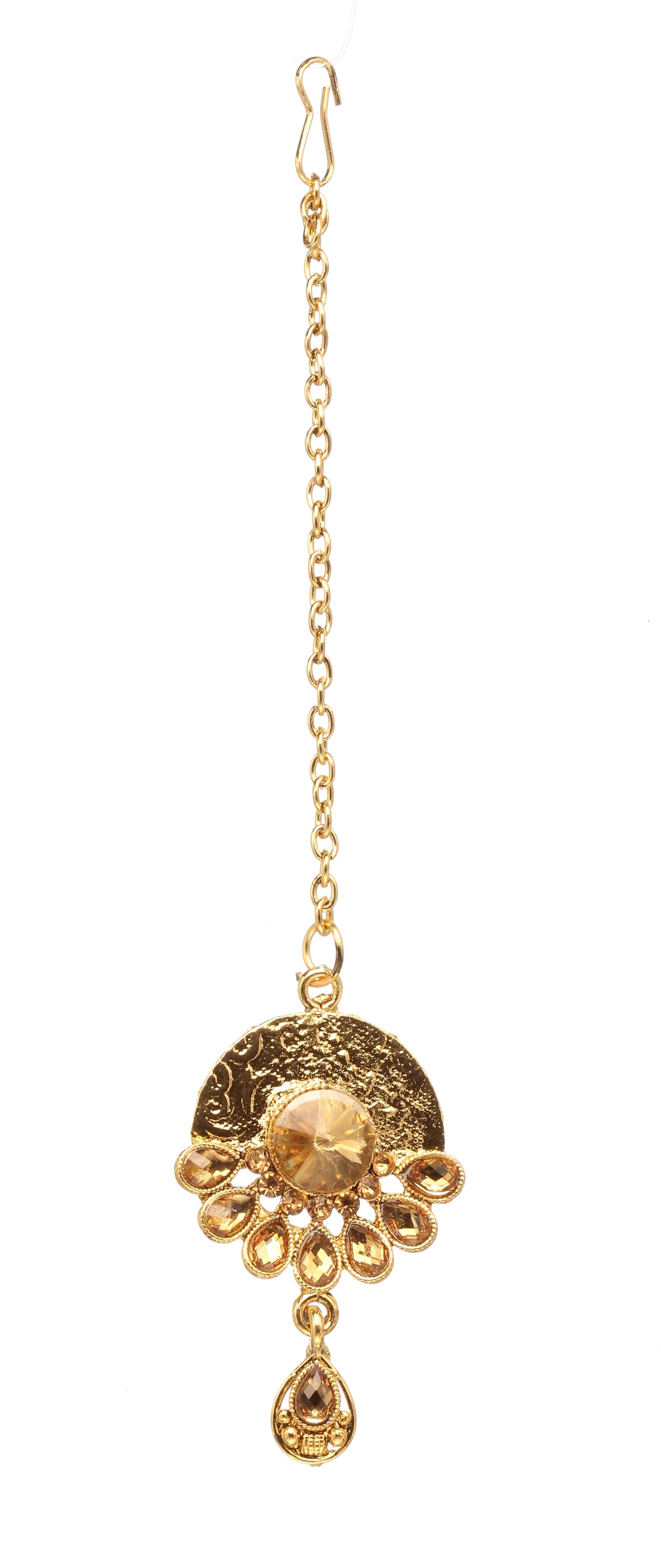 Bindhani gold-plated maang tikka featuring a round champagne-colored center stone, fan-shaped design with petal-like crystal accents, engraved detailing, and a dangling teardrop charm. Displayed on a white background.