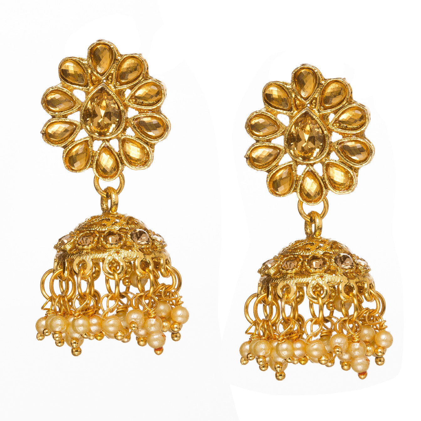 Bindhani gold-plated jhumka earrings for women featuring a floral Kundan stone stud, intricate dome-shaped jhumki, and white pearl drop accents on a white background.