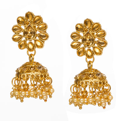 Bindhani gold-plated jhumka earrings for women featuring a floral Kundan stone stud, intricate dome-shaped jhumki, and white pearl drop accents on a white background.