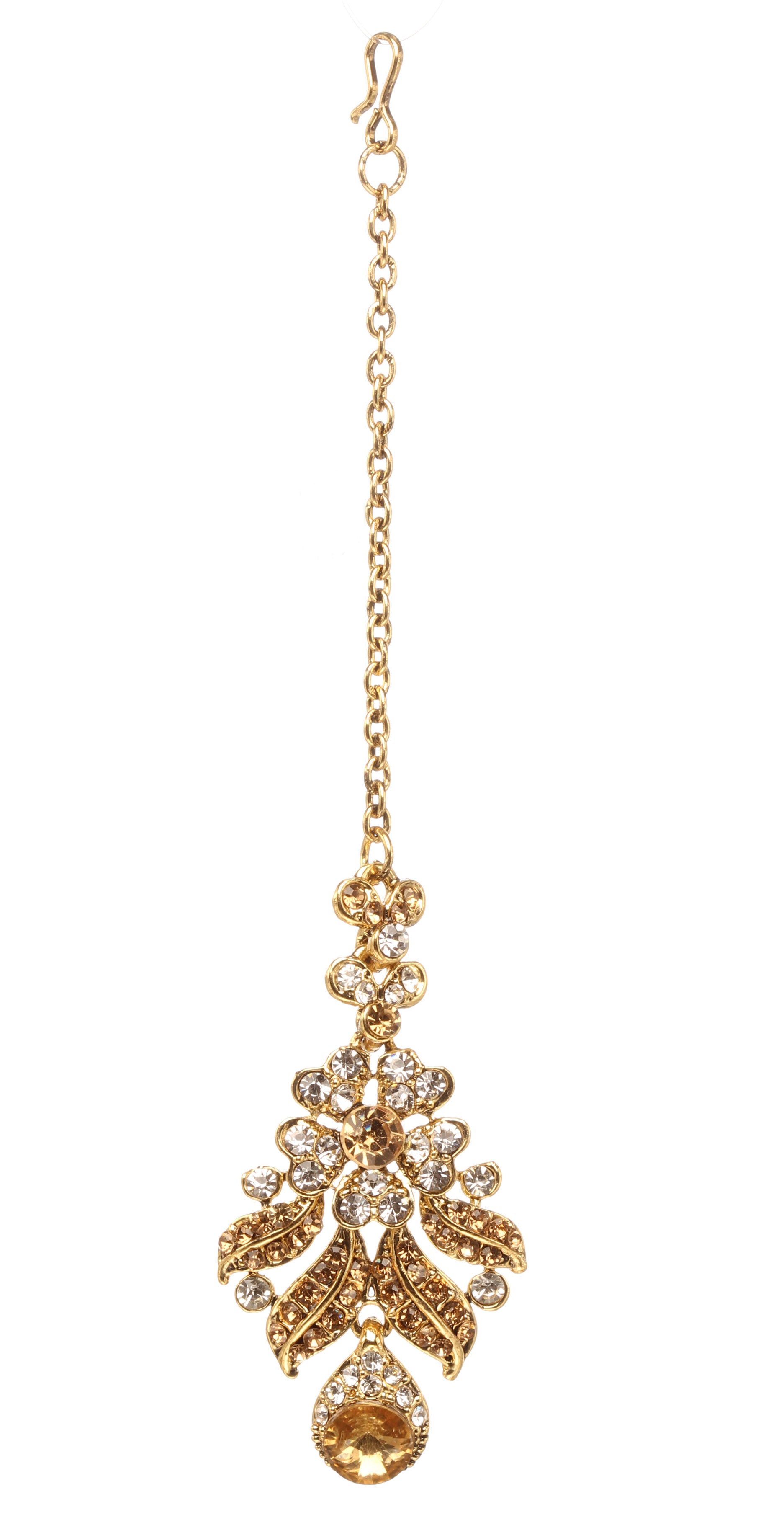 Bindhani gold-plated maang tikka with a fish hook attachment, featuring champagne and white stones, layered leaf motifs, intricate openwork detailing, floral accents, and a pear-shaped champagne stone drop. Displayed on a white background.