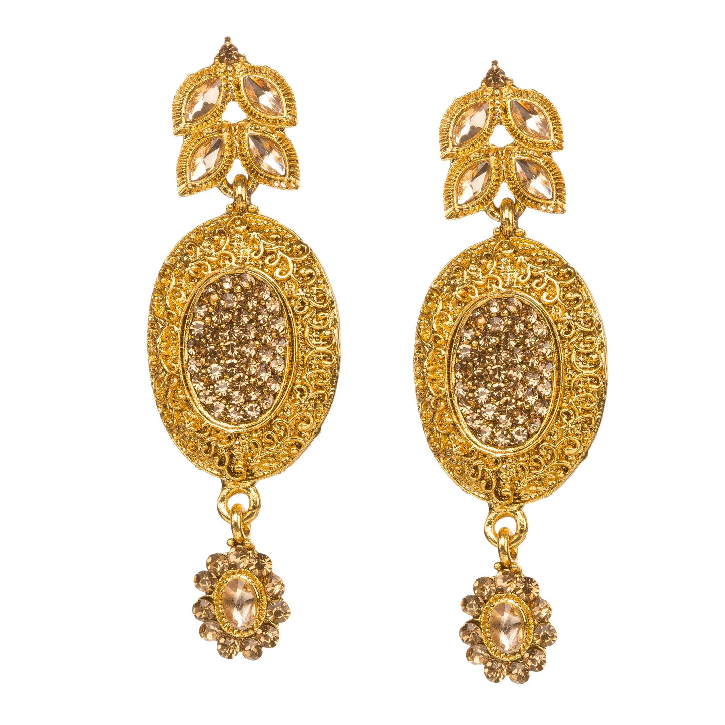 Bindhani gold-plated oval-shaped earrings detailed filigree work, sparkling stone embellishments, matching earrings, elegant gold craftsmanship on a white background.