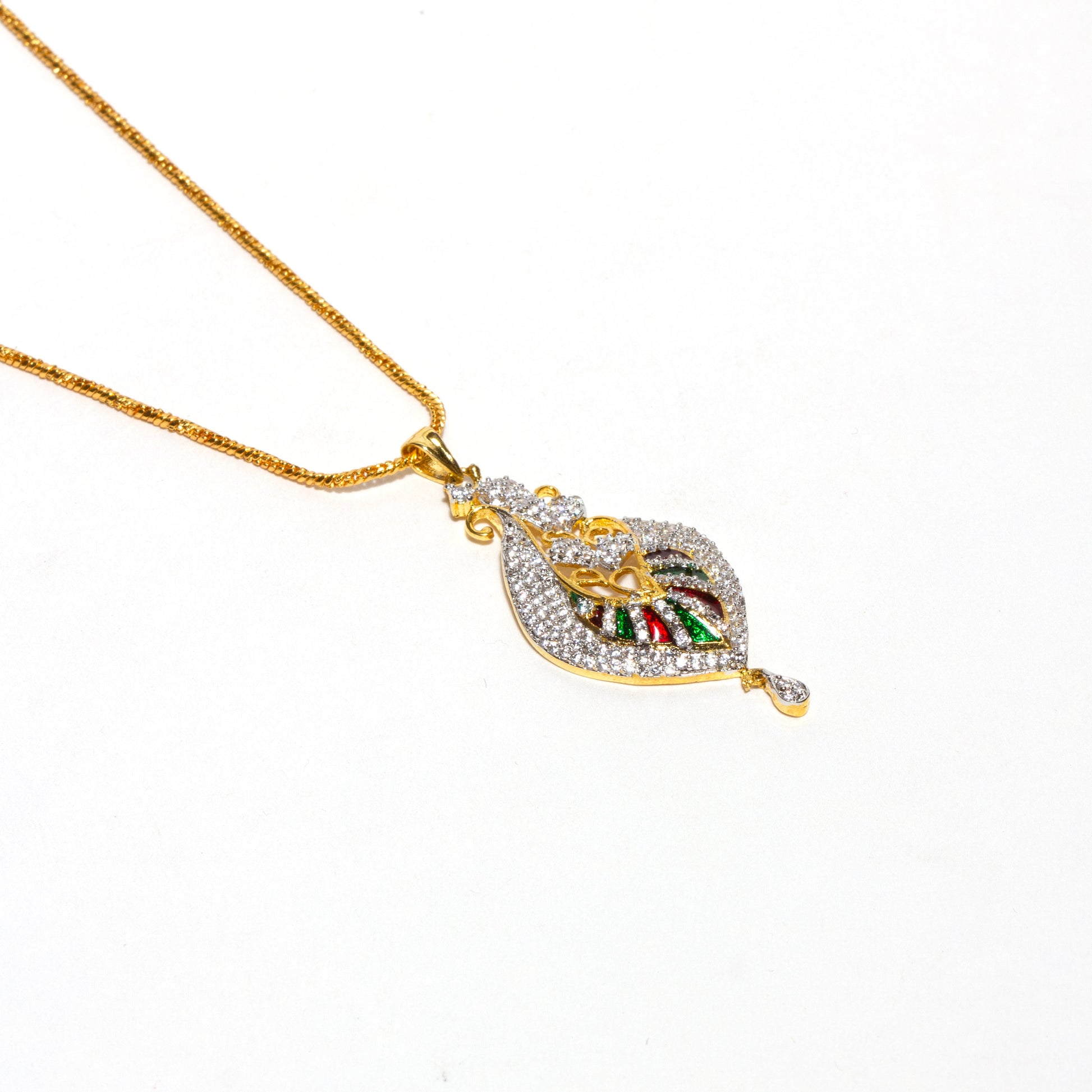 Bindhani gold-plated pendant with chain, decorated with sparkling American diamond stones, green red enamel flowers, and dangling teardrop accents.