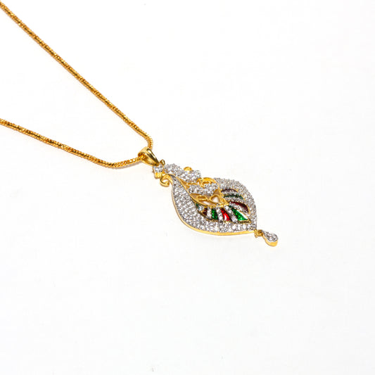 Bindhani gold-plated pendant with chain, decorated with sparkling American diamond stones, green red enamel flowers, and dangling teardrop accents.