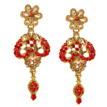 Bindhani gold-plated red brown stone earrings for women featuring floral stud design, intricate gold detailing, red stone embellishments, and elegant hanging drop accents on a white background."
