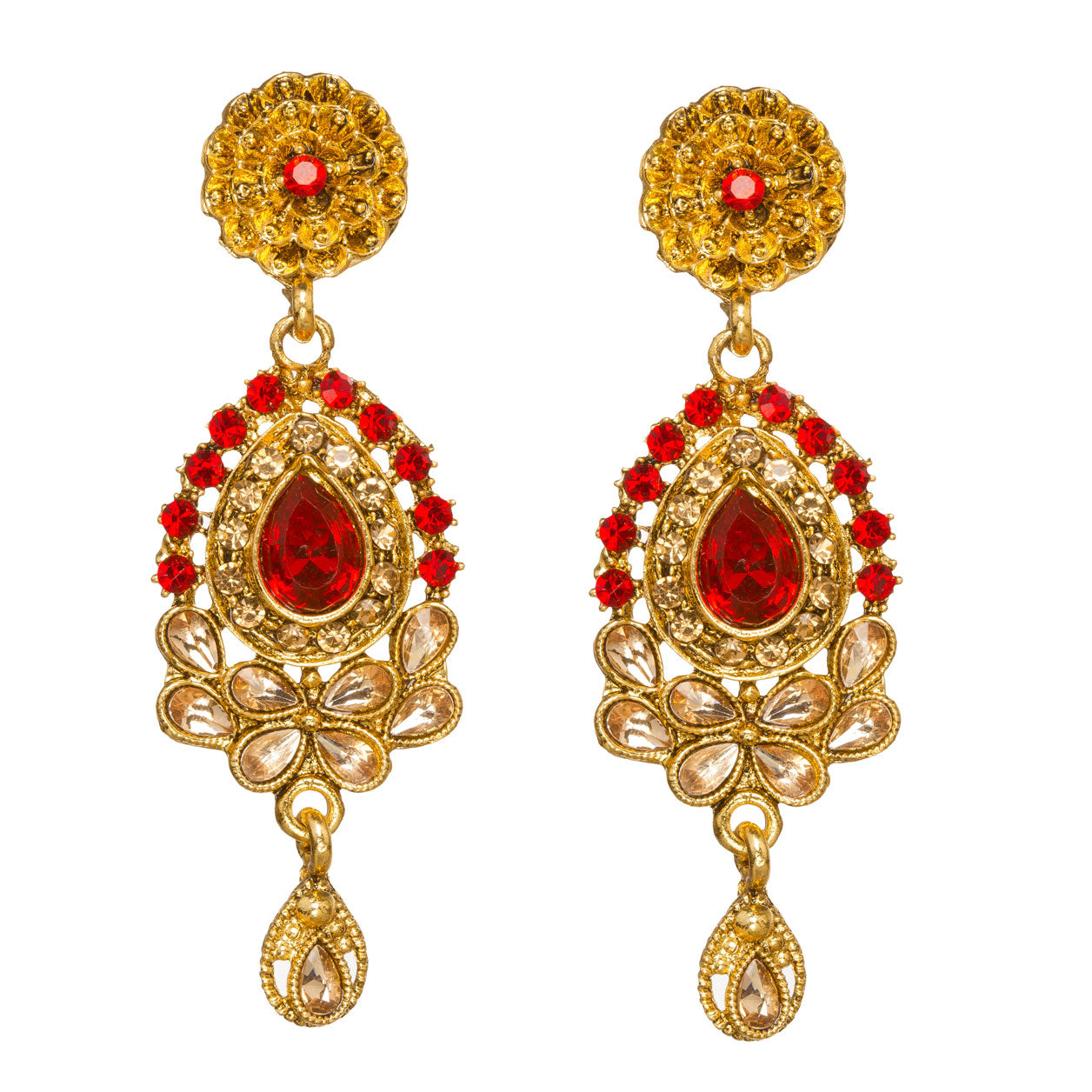 Bindhani gold-plated drop earrings featuring a pear-shaped red stone, red and golden stone embellishments, floral detailing, a round stone stud, and a teardrop-shaped dangling charm. Displayed on a white background.