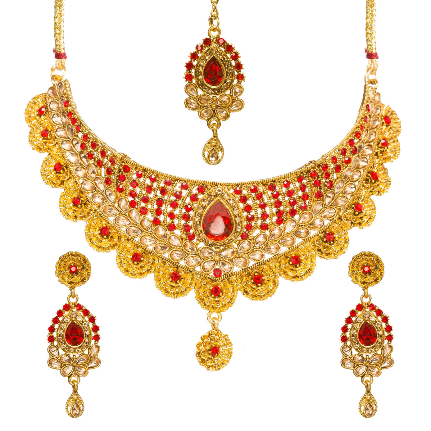 Bindhani gold-plated choker necklace set featuring a pear-shaped red center stone, red and golden stone embellishments, intricate floral detailing, scalloped edges, and textured craftsmanship. The set includes matching drop earrings and a coordinating maang tikka with red and white stones, displayed on a white background.