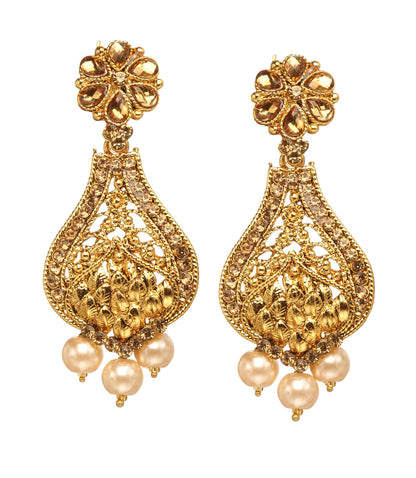 Bindhani gold-plated teardrop earrings featuring intricate filigree openwork, floral motifs, textured detailing, and pearl bead drops. Displayed on a white background.