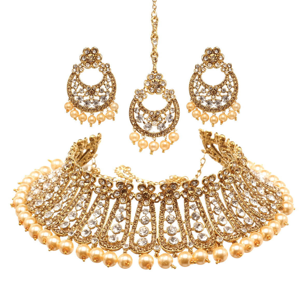 Bindhani gold-plated choker necklace set featuring sparkling golden and white stones, fan-shaped motifs, floral accents, and pearl bead drops along the lower edge. The set includes matching chandelier earrings and a coordinating maang tikka with pearl bead drops, displayed on a white background.