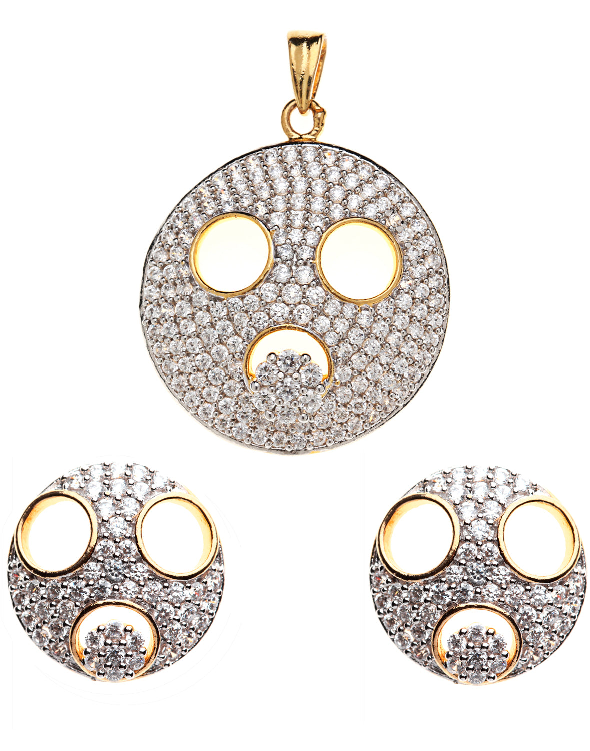Bindhani gold plated AD stone pendant and matching stud earrings featuring a round circular design with sparkling white AD stones. The pendant showcases a pave stone-studded surface with three circular cutout accents highlighted with gold borders, paired with matching round stud earrings with the same elegant pattern. Modern statement jewelry set displayed on a white background.