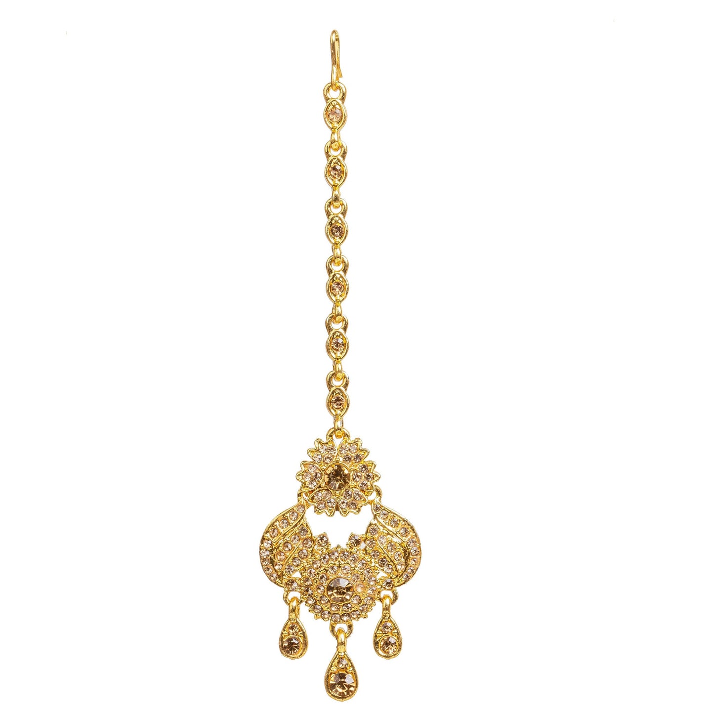 Bindhani gold plated LCT stone maang tikka featuring an S hook chain, floral design with sparkling LCT stones, intricate leaf-inspired openwork detailing, a large central round stone, and three teardrop-shaped hanging stone drops. Traditional Indian bridal forehead jewelry with an elegant gold finish, displayed on a white background.