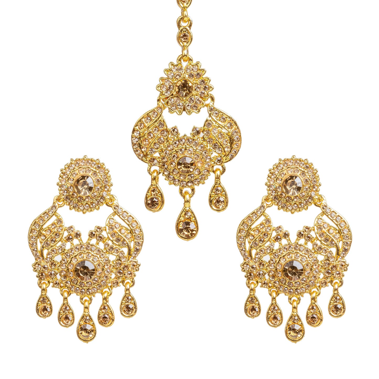 Bindhani gold plated LCT stone maang tikka and earrings set featuring intricate floral and leaf-inspired designs with sparkling LCT stones. The statement earrings showcase round floral tops, detailed openwork patterns, a large central stone, and multiple teardrop-shaped hanging stone drops. Matching maang tikka with elegant floral detailing and dangling stone accents, traditional Indian bridal jewelry set displayed on a white background.