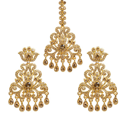 Bindhani gold plated LCT stone maang tikka and matching earrings set featuring an intricate floral and scrollwork design with sparkling white LCT stones. The statement earrings have a crown-inspired stud, ornate openwork pattern, a large round center stone, and seven teardrop-shaped dangling stone drops. The matching maang tikka features a decorative stone chain with an S hook, ornate centerpiece, and seven dangling stone drops. Traditional Indian bridal jewelry set displayed on a white background.