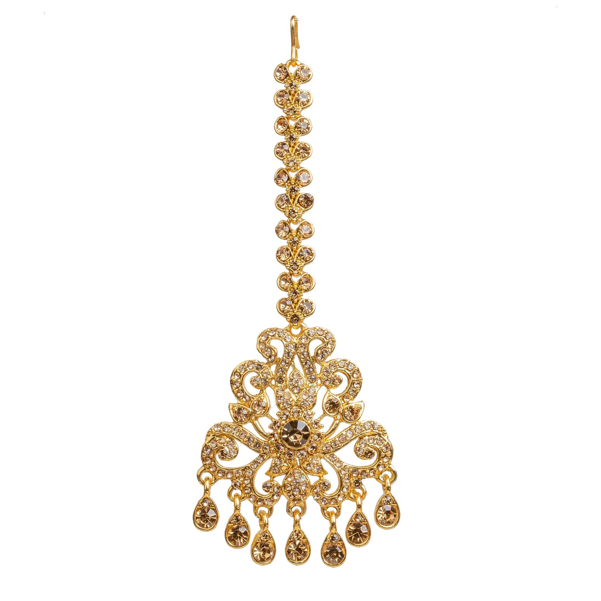 Bindhani gold plated LCT stone maang tikka featuring a decorative stone chain with an S hook, ornate floral and scrollwork design, a large round center LCT stone, and seven teardrop-shaped dangling stone drops. Traditional Indian bridal forehead tikka displayed on a white background.