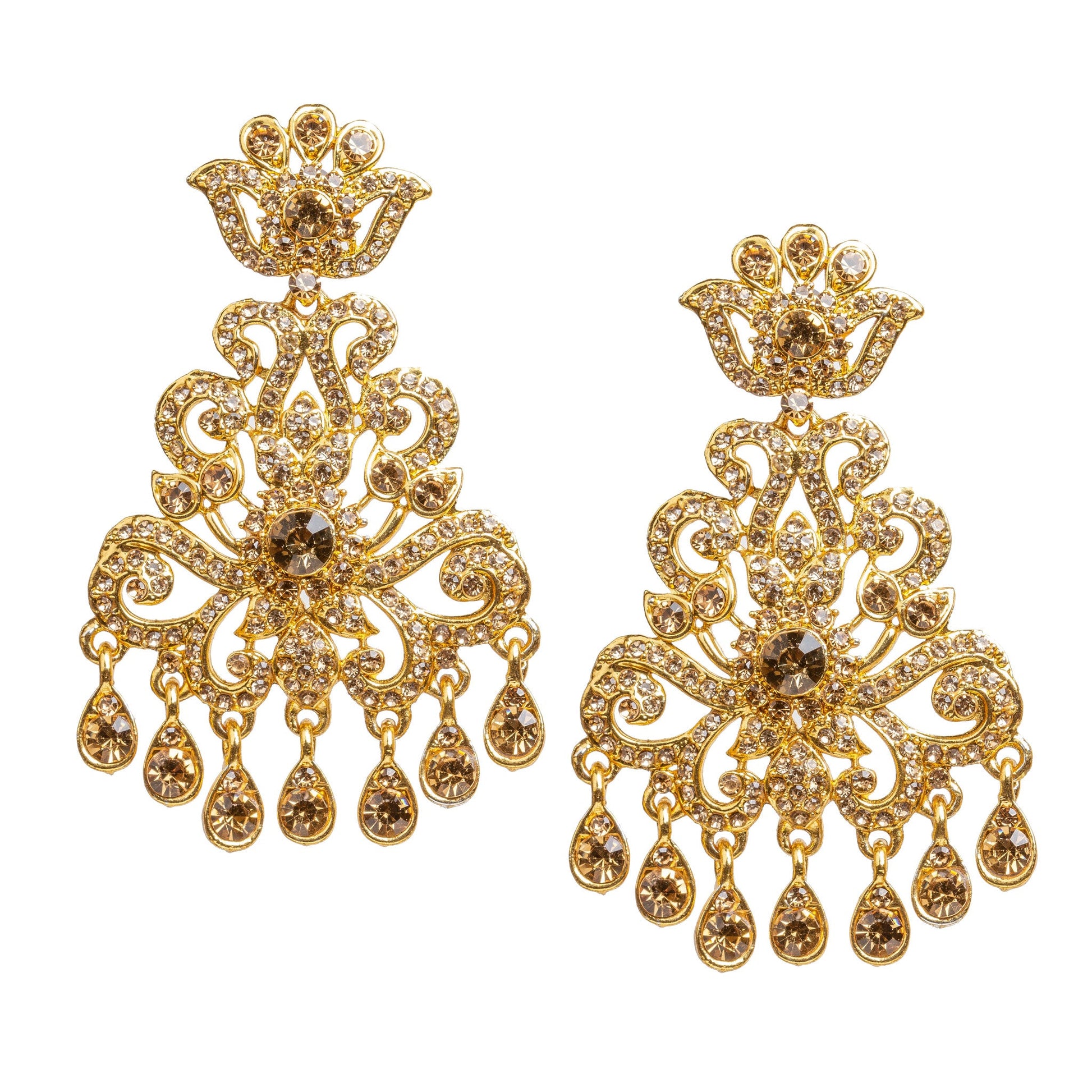 Bindhani gold plated LCT stone statement earrings featuring a crown-inspired stud, intricate floral and scrollwork open design, a large round center stone, and seven teardrop-shaped dangling LCT stone drops. Traditional Indian earrings with a sparkling finish, displayed on a white background.