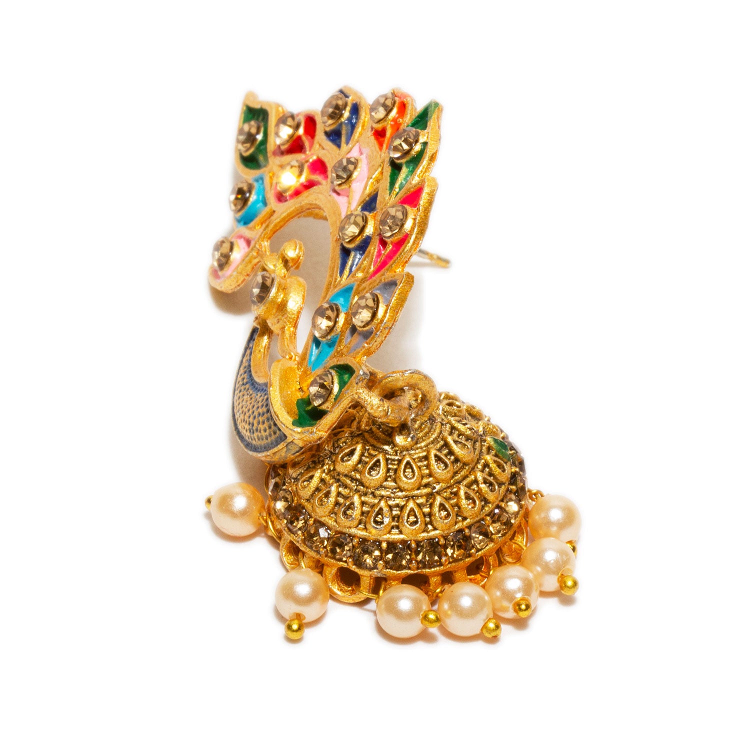 Bindhani gold plated beads meenakari peacock jhumka earrings