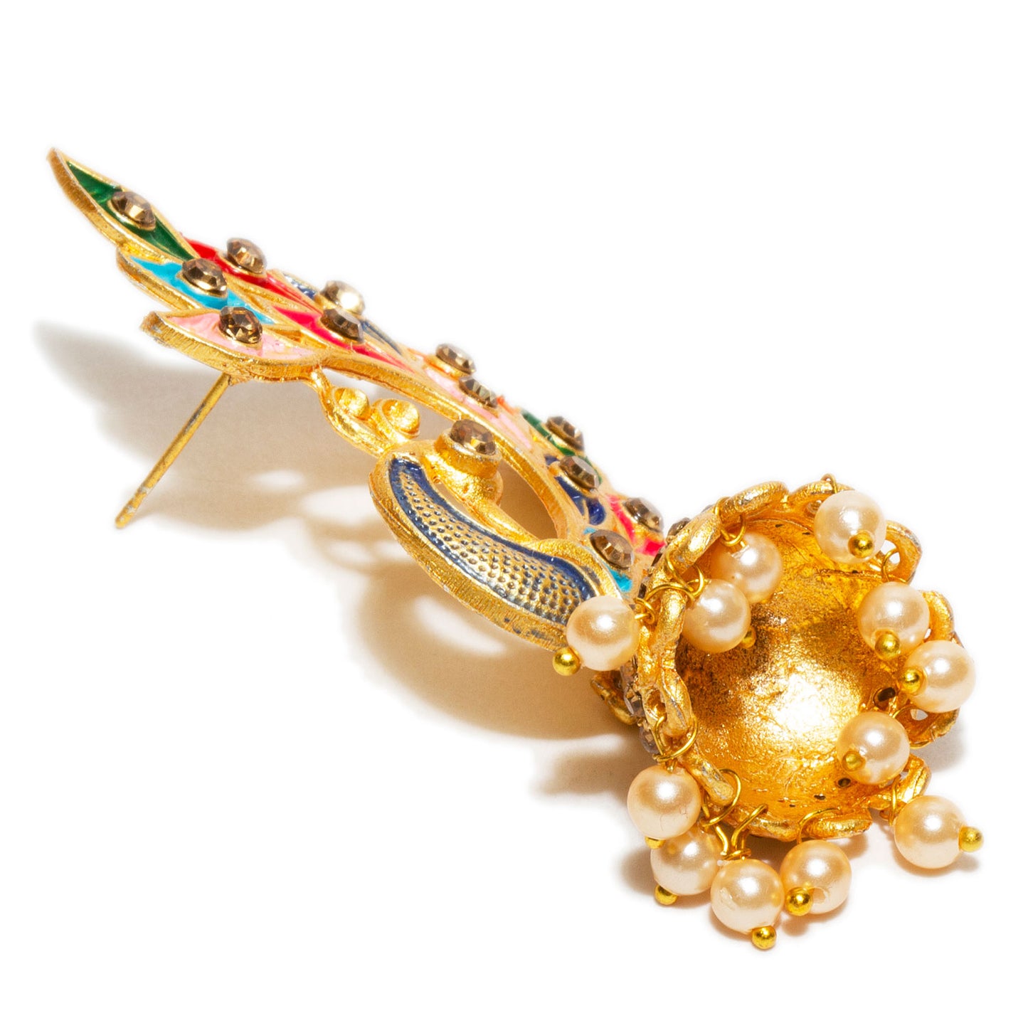 Bindhani gold plated beads meenakari work & golden stone peacock jhumka 