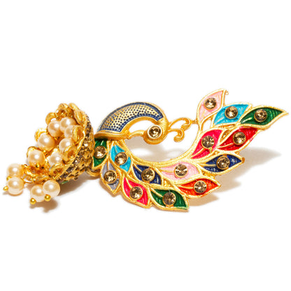 Bindhani gold plated beads meenakari work & golden stone peacock jhumka earrings 