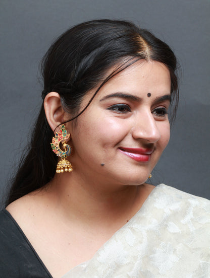 Bindhani gold plated beads meenakari work & golden stone peacock jhumka earrings secured with post back closure for women & girls